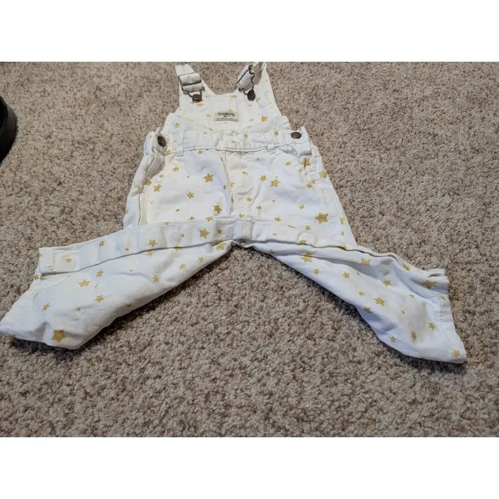OshKosh B’gosh Baby Star Print Overalls Size 12M White Gold Cotton Bib Overalls